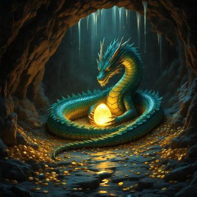 Primary subject: A blue dragon holding an egg.

Setting/background: The dragon is sitting in a cave, surrounded by gold coins.

Visual style: The image is a digital art illustration.

Colors and mood: The dominant colors are blue and gold, creating a sense of mystery and treasure.